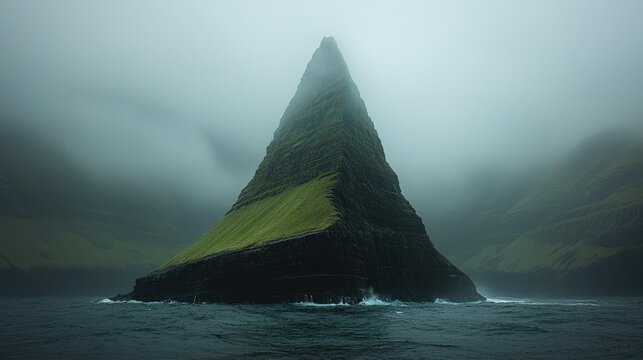 Misty, triangular rock formation