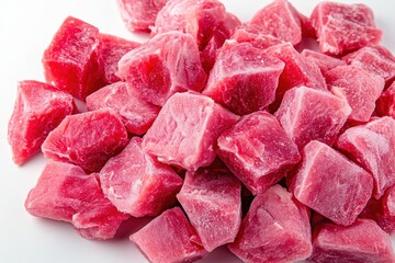 Close-up of frozen, cubed, raw meat on a white surface