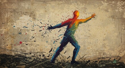 Abstract human figure disintegrating into vibrant colors on textured background representing mental health issues and the fragility of the human psyche