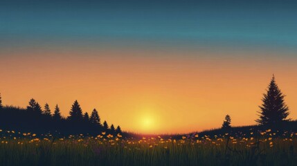 Serene twilight landscape featuring wildflowers, grass, and silhouette conifer trees against a warm orange and blue sky