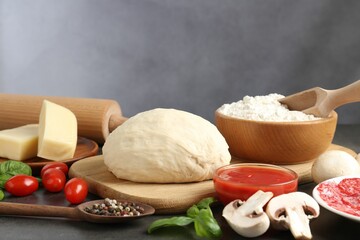 Making pizza. Different ingredients on gray table, closeup