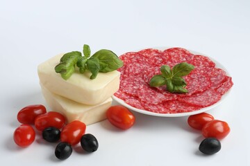 Making pizza. Different ingredients isolated on white