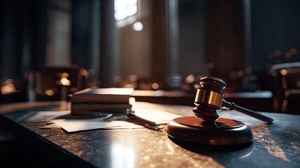 Obraz premium A wooden gavel rests on a polished table in a dimly lit courtroom with legal books nearby