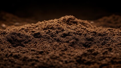 Ground coffee pile, dark background, close-up, texture, food