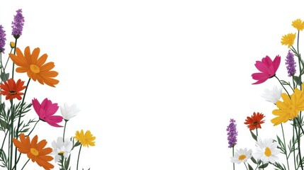 Obraz premium Floral frame featuring cosmos, lavender, and daisies with orange, yellow, pink, red, and white blossoms on a white background