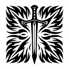 Majestic Sword Surrounded by Abstract Wings Design in Bold Black and White