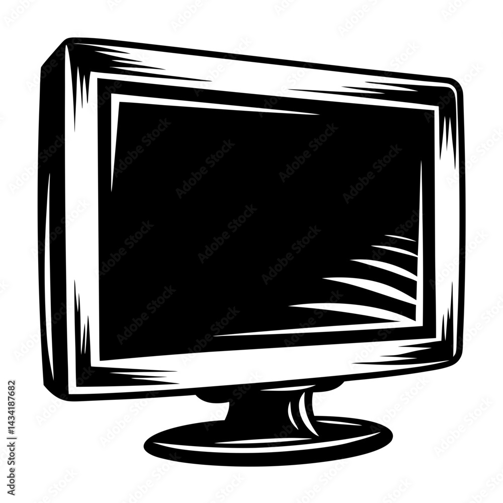Aufkleber retro computer monitor in black and white with stylized design elements
