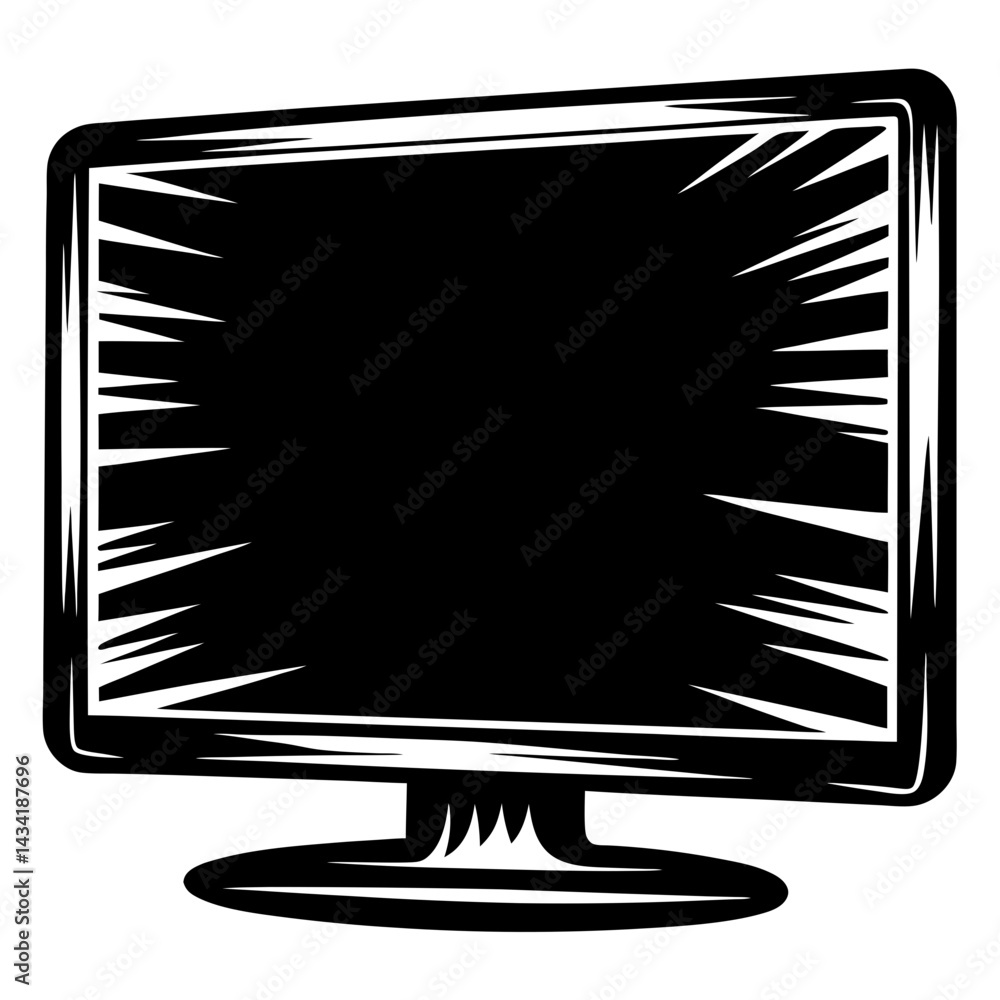 Poster stylized black and white desktop computer monitor with a jagged frame