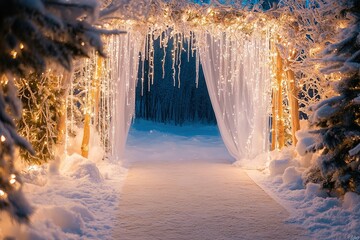 A magical winter wedding background with snow-covered branches, icicles, and soft lights for a cozy, enchanted atmosphere