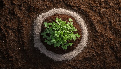 Top-down view of a red currant plant with a ring of fine wood ash around its base. Early morning condensation on the soil adds a fresh, dewy texture, highlighting natural plant care