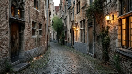 Fototapeta premium Cobblestone street winding through old brick buildings