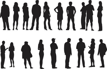 Silhouette People Standing Talking Walking Vector Set