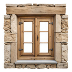 Fototapeta premium Antique Wooden Window in a Stone Wall. Realistic Wooden Window PNG.