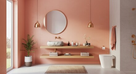 Modern Bathroom Design with Stone Sink and Peach Walls