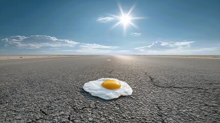 The blazing sun fries an egg on the asphalt, a dramatic sign of a severe heatwave.