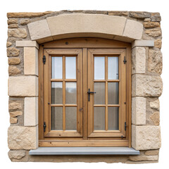 Fototapeta premium Antique Wooden Window in a Stone Wall. Realistic Wooden Window PNG.