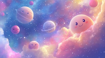 Cute Cartoon Planets in Pastel Galaxy - Dreamy Space Art