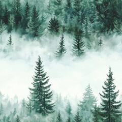 Watercolor pine forest pattern with soft green tones