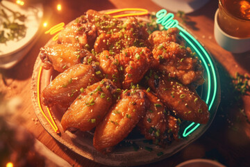 Plate of fried chicken with sauce & green onions: crispy golden pieces coated in savory sauce, sprinkled with fresh green onions, inviting and delicious.