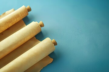 Rolled Parchment: Decorative rolled paper scrolls on blue surface Historical documents