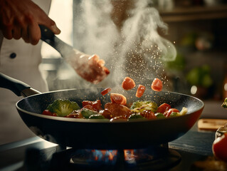 chef cooking vegetables in a heated skillet