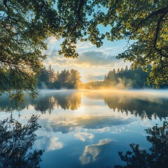 Fototapeta premium Captivating sunrise calmness over serene lakeside nature photography peaceful environment tranquil viewpoint immersive atmosphere