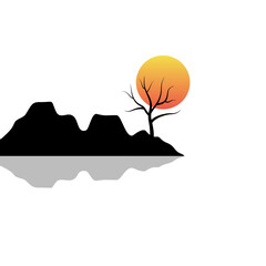Minimalist Sunset Landscape with Silhouette Mountain and Trees. Vector Illustration