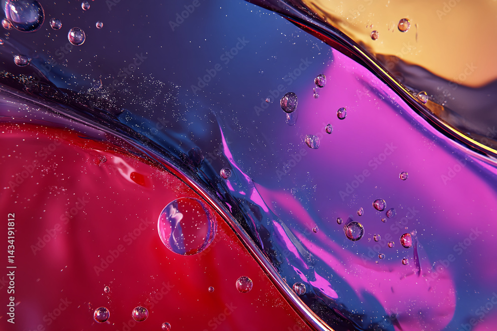 Poster abstract image of red, purple, and blue liquid with air bubbles, creating a flowing, dynamic design,