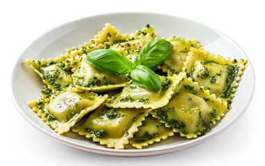 Homemade ravioli pasta, filled and topped with vibrant green pesto sauce and fresh basil leaves, served in a white bowl.
