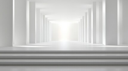 Empty White Columns Corridor with Light at the End