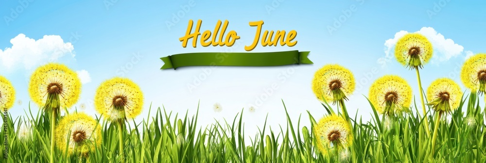 Poster the yellow dandelions in the green grass on a sunny spring day with the text 