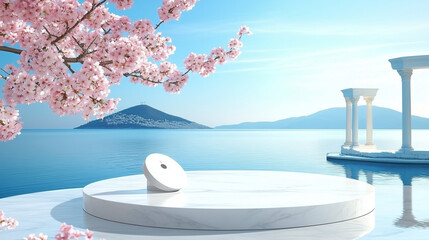 
A podium for product display, with a white marble texture and pink cherry blossoms on the left side of it. The background features an island in Greece, a blue sky, a sea view, and Greek architectural