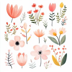 Collection of blush pink and peach flowers, leaves, and stems on white background. Simple, minimalist style, perfect for design projects or prints.