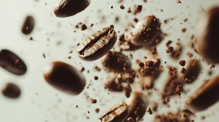 Fototapeta premium High-speed capture of coffee beans falling, rustic roasted beans on white background generative ai