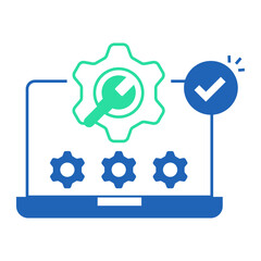 Verified Laptop Maintenance. Laptop with gears and checkmark icon for approved device servicing