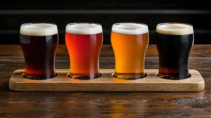 Craft Beer Flight with Four Different Beers Displayed on a Rustic Wooden Paddle in a Warm Cozy Tasting Room Atmosphere