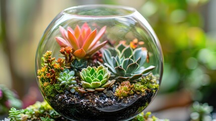 A vintage-inspired terrarium with brightly colored succulents and small decorative elements.