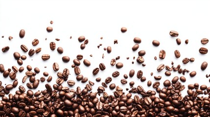 High-speed capture of coffee beans falling, rustic roasted beans on white background generative ai
