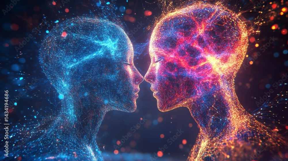 Poster abstract art of two faces merging, representing connection and unity.