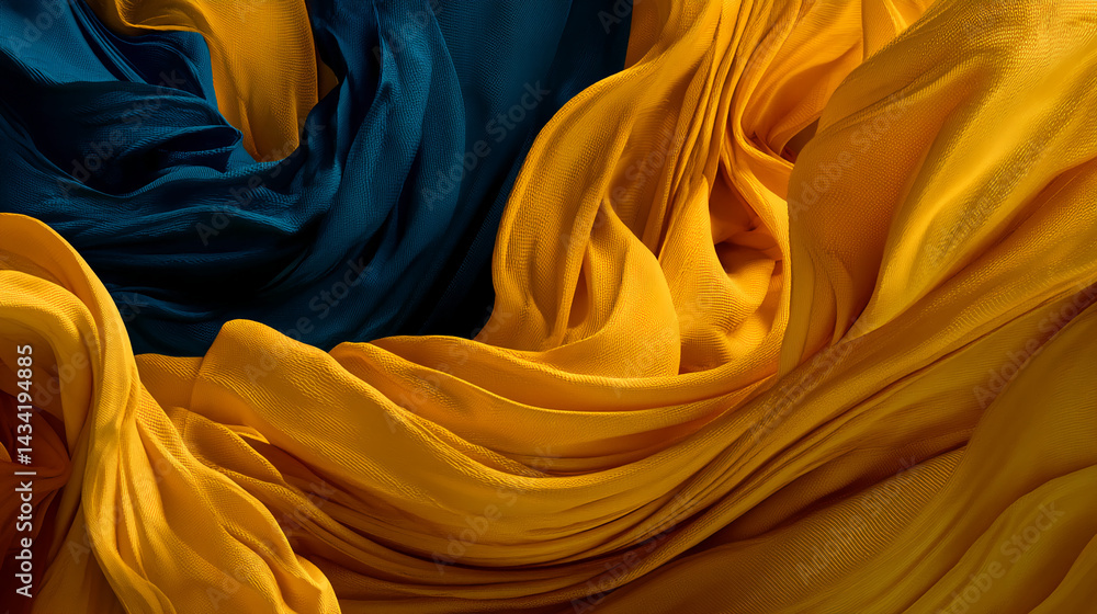 Poster abstract image of flowing gold and teal fabric, creating a luxurious and dynamic texture, showcasing