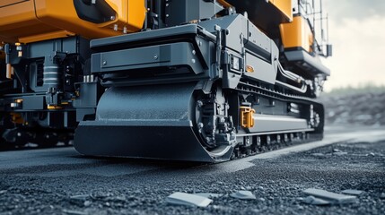 Close-up of Asphalt Paver Machine on New Road Construction