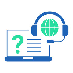 Online Knowledge Assistance. Laptop with question mark and headset representing help articles or guides
