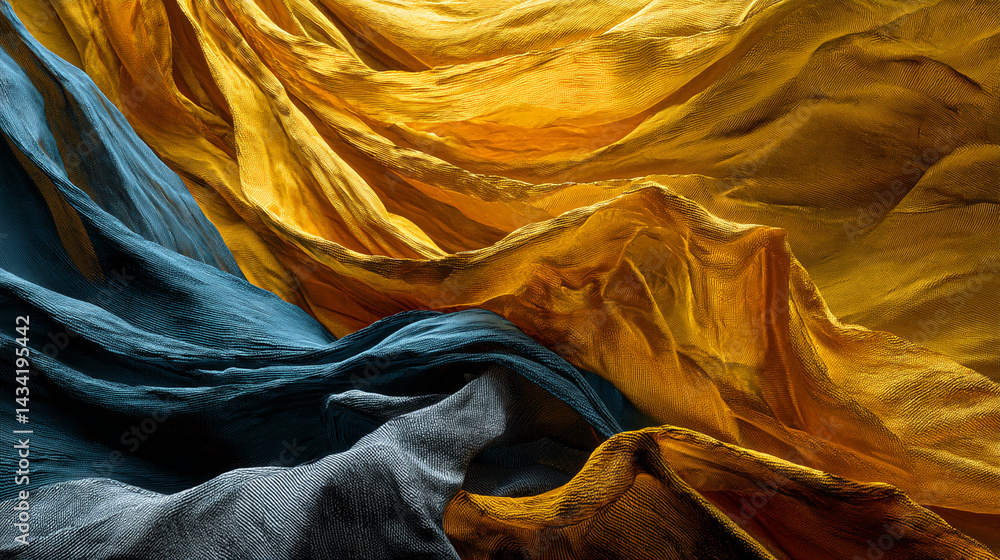 Poster abstract image of draped gold and blue fabric, creating a luxurious and flowing texture, showcasing 