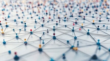 Connected network of pins, linked by thread, abstract