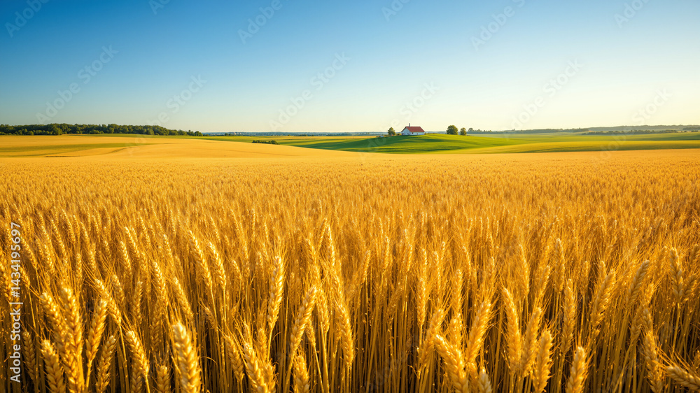 Poster the image shows a field of ripe wheat with a house in the background
