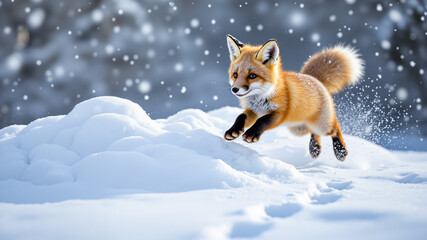 Obraz premium The image shows a red fox running through the snow