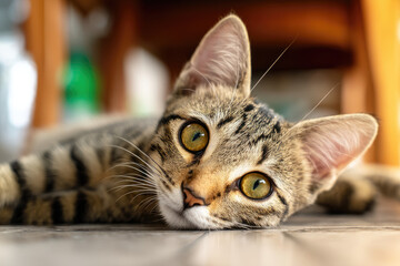 Close-up of a curious tabby cat lying on the floor, with soft lighting and blurred background