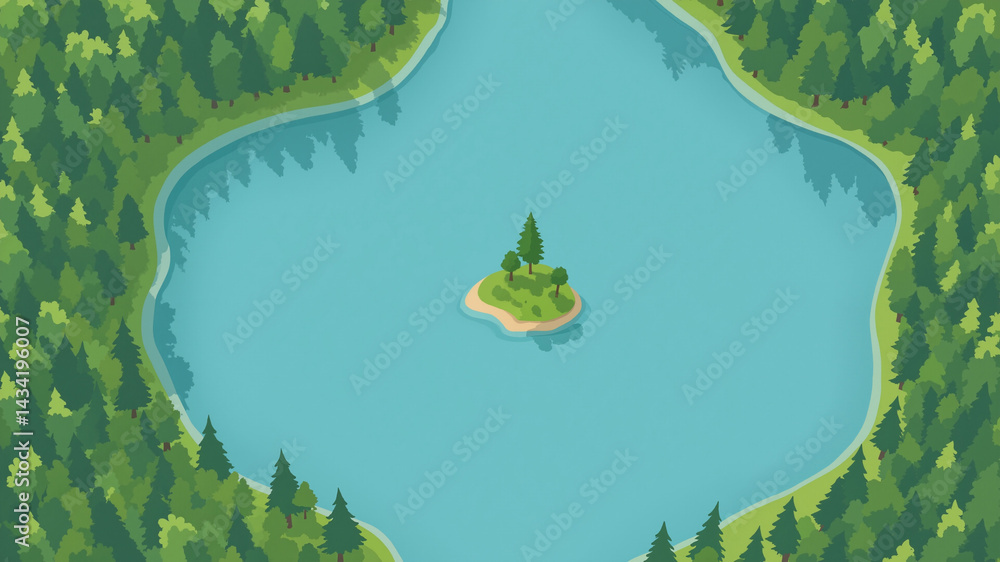 Poster the image shows an aerial view of a small island in the middle of a lake surrounded by trees. the la