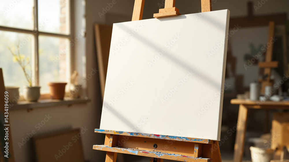 Poster the image shows an easel with a white canvas on it in front of a window