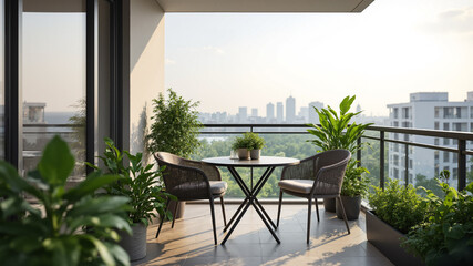 Obraz premium The image shows a balcony with a table and chairs on it